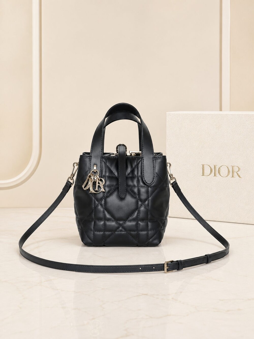 Dior M2835OSNW Vertical Tote | Black Calfskin with Cannage | Toujours Mini